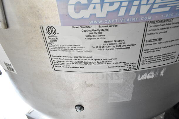 Label detail on a 2020 Ford F59 food truck's CaptiveAire Systems exhaust air fan. Model: DU50HFA, with specifications.