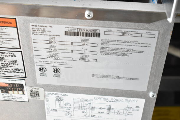 Metallic label showing specifications for a Pitco Frialator including model SELV14, voltage 208V, power 17 kW, and serial number E20LB053105.