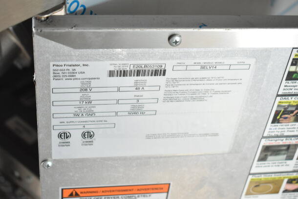 Label on Pitco fryer in 2020 Ford F59 food truck, detailing model SELV14, voltage 208V, and serial number E20LB053109.