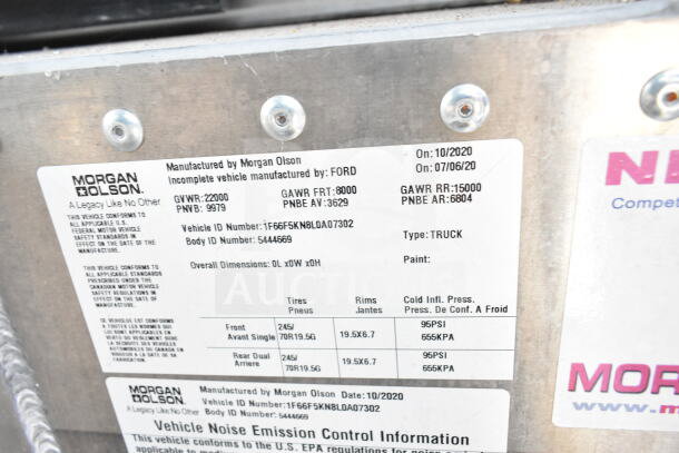 2020 Ford F59 Food Truck ID label by Morgan Olson, includes VIN 1F66F5KN8L0A07302 and manufacturing details.