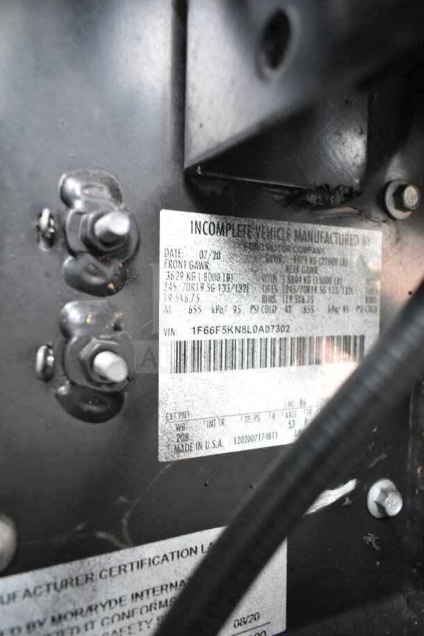 VIN tag of 2020 Ford F59 Food Truck. Details include manufacture date (07/20), GVWR, GAWR, tire and rim specs, and VIN 1F66F5KN8L0A07302.