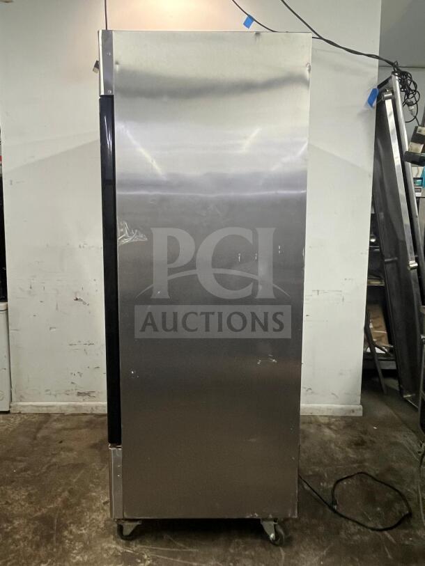 NORTH AMERICAN Precision Series double glass door merchandiser freezer, model A2GDF, stainless steel, on casters, good condition.
