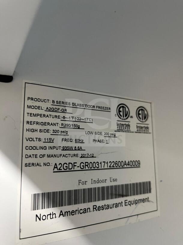 North American Precision Series Double Glass Door Merchandiser Freezer, Model A2GDF, 2017, for indoor use.