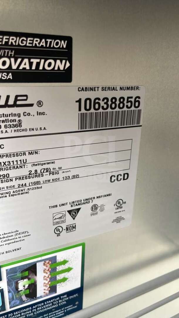 True TUC-27-HC undercounter refrigerator label showing serial number 10638856. UL listed, NSF/ANSI standard.