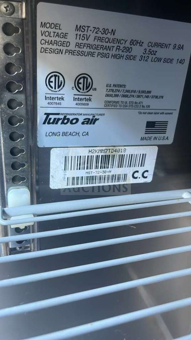 Turbo Air MST-72-30-N label showing model, voltage, refrigerant type, and certifications. Made in USA.