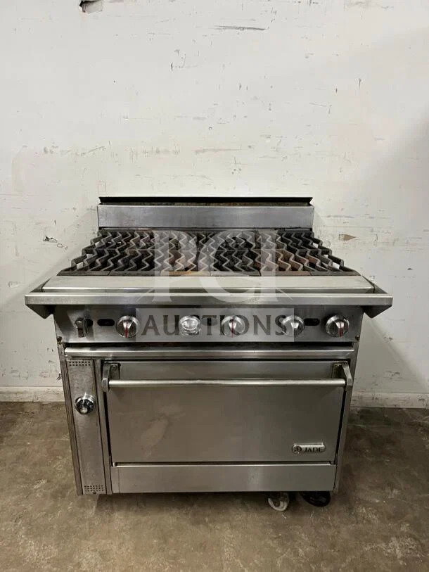 Jade Range Oven, 6 Burners, 35000 BTU, stainless steel, heavy-duty, used, visible brand logo, suitable for commercial use.
