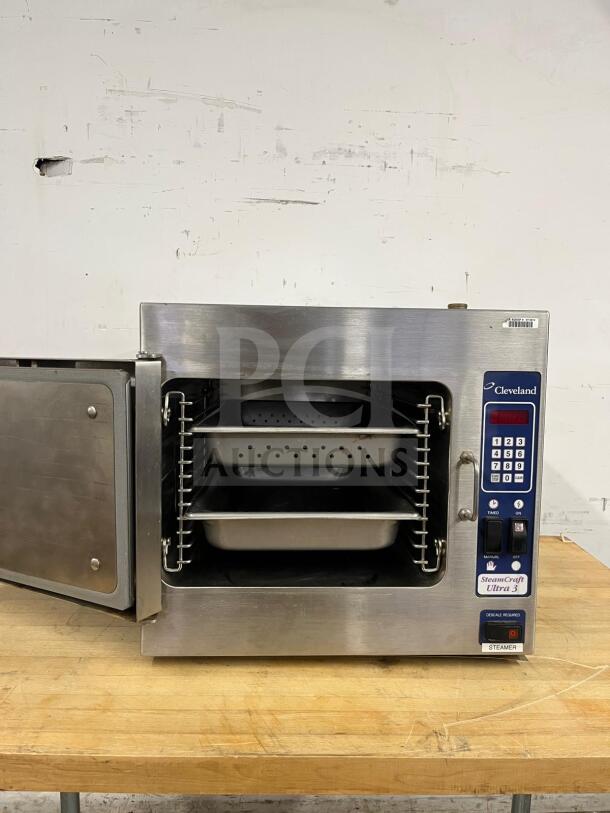 Cleveland 21CET8 Steamcraft® 3-pan convection steamer, countertop model, stainless steel, digital controls, gently used.