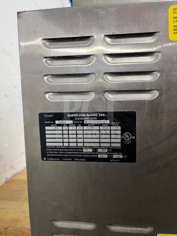 Cleveland 21CET8 Steamcraft® (3) Pan Convection Steamer, stainless steel, model label with specifications shown.