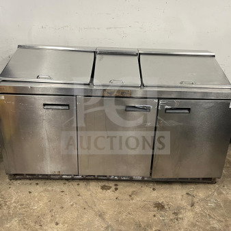 72" preptable stainless steel sandwich/salad prep table, model 72, with refrigerated base. Used condition.