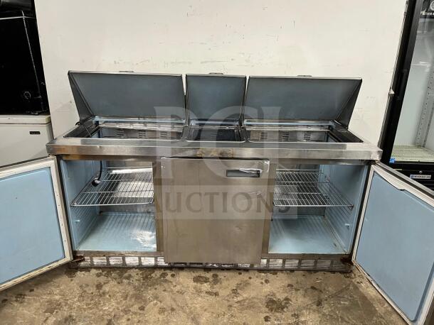 72" preptable stainless steel sandwich/salad prep table, model 72, with refrigerated base, three compartments, and shelving.