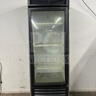 TRUE GDM-19T-LD 27" black refrigerated glass door merchandiser with LED lighting, includes travel case.