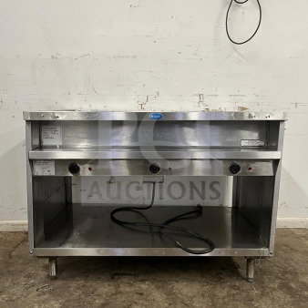 RANDELL 3513-120, 48" electric hot food table with three top openings, stainless steel, adjustable legs, used condition.