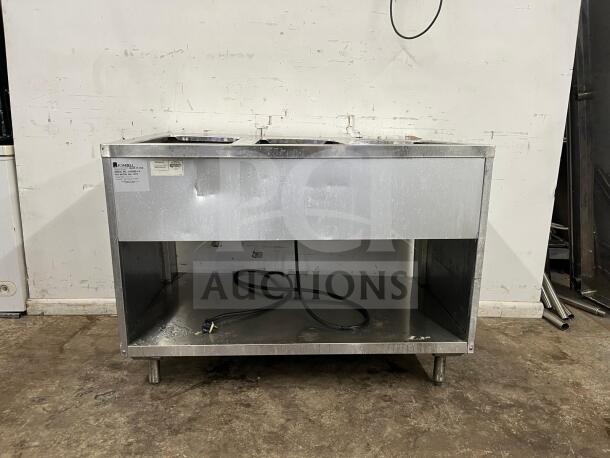 RANDELL 3513-120 48" electric hot food table, three top openings, stainless steel, used condition, visible label.
