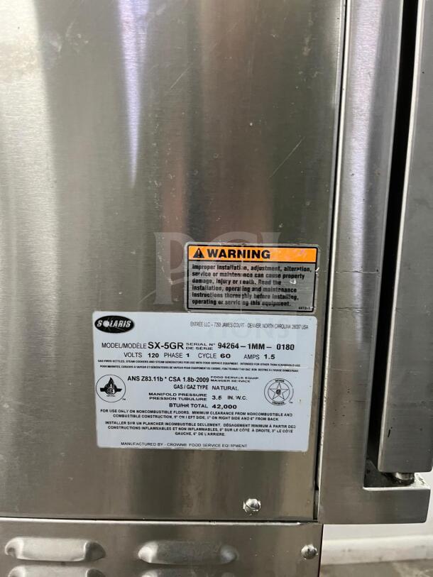 SOLARIS SX-5GR convection steamer, natural gas, 42,000-47,000 BTU, includes cooling racks, warning label visible.
