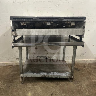 AMERICAN RANGE ARHP-36-6 griddle, 36" wide, 3/4" thick hot plate, 6 burners, heavy-duty, used condition, on wheeled stand.