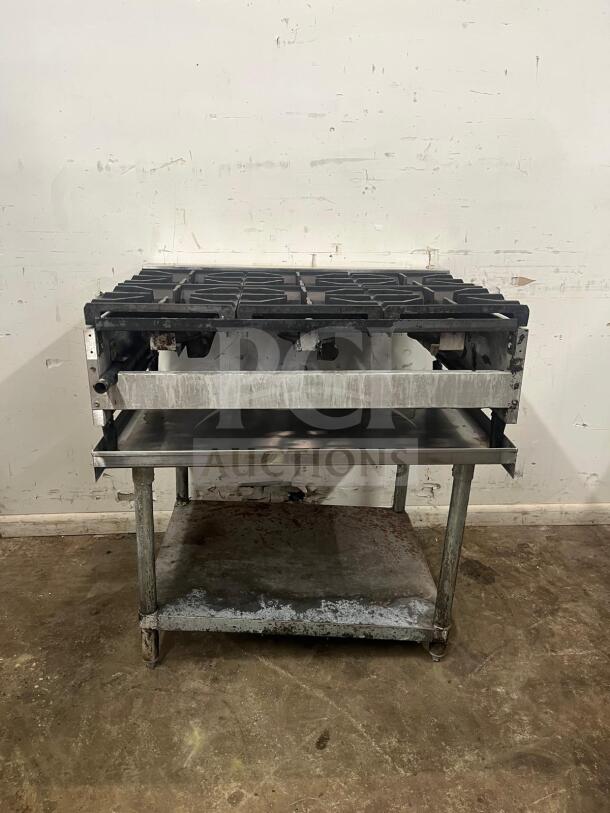AMERICAN RANGE ARHP-36-6 thermostatic griddle, 3/4" thick, 36" wide, 6 burners, used condition, on metal cart.