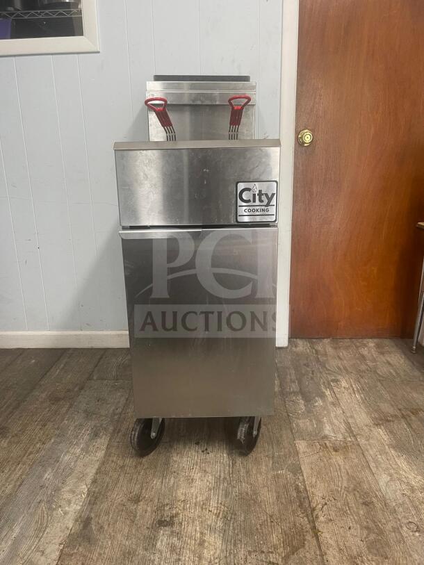 City Cooking 4 Tube Deep Fryer, Model CCF-4 NAT Gv, 120,000 BTU, stainless steel, with visible brand label, on wheels.