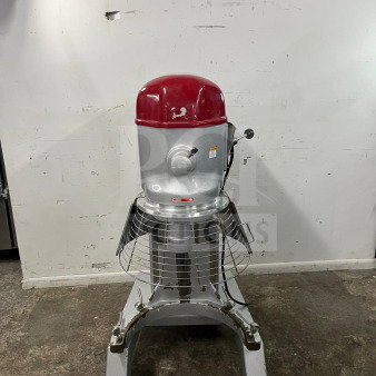 Axis AX-M80 80 Quart Commercial Planetary Mixer, 4 speed, 4 HP, silver and red, used condition, safety guard visible.
