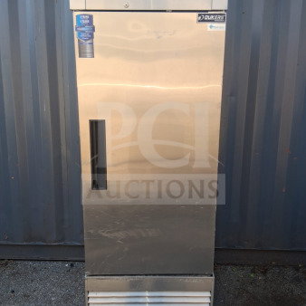 DUKERS D28R 27 1/2" reach-in refrigerator, one section, right hinge solid door. Visible brand label and warranty tag.