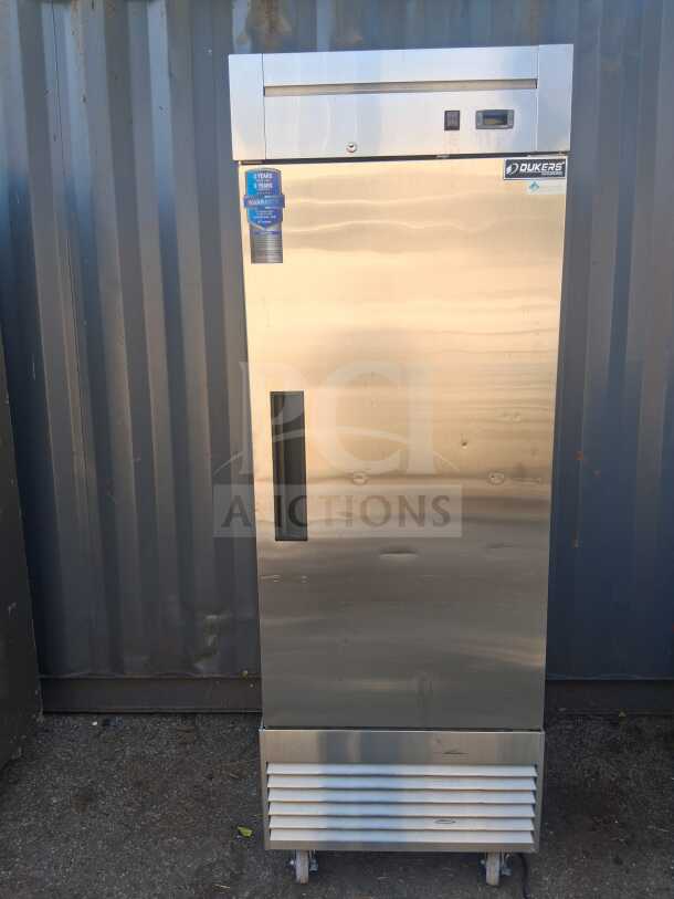 Dukers D28R 27.5" reach-in refrigerator, right hinge, solid door, stainless steel, includes warranty tag, model D28R.