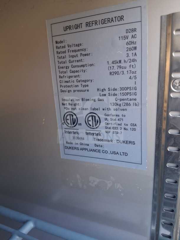 Dukers D28R refrigerator label with specs: 115v, 260W, 17.79 cu ft capacity. Right hinge solid door model, NSF certified.