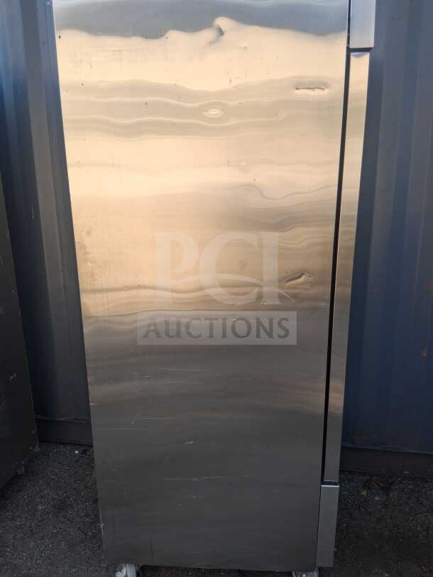 DUKERS D28R 27.5" reach-in refrigerator with one right-hinged solid door, stainless steel finish, 115v, minor surface wear.