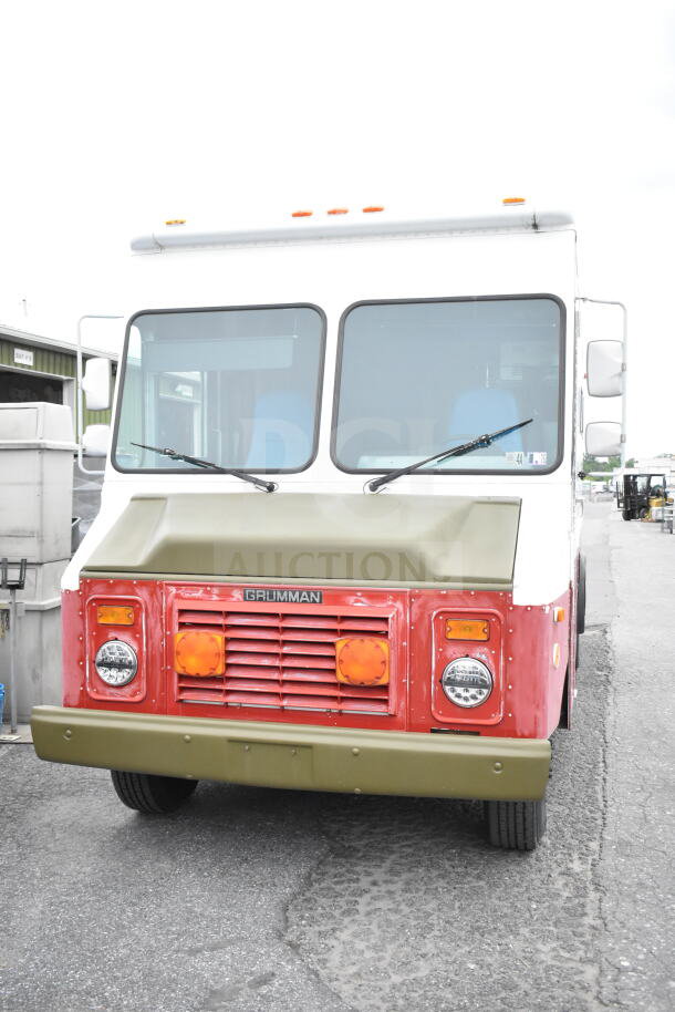 1993 GMC Step Van, red and olive front, Grumman label, well-maintained. VIN 1GDHP32K7R3500033.