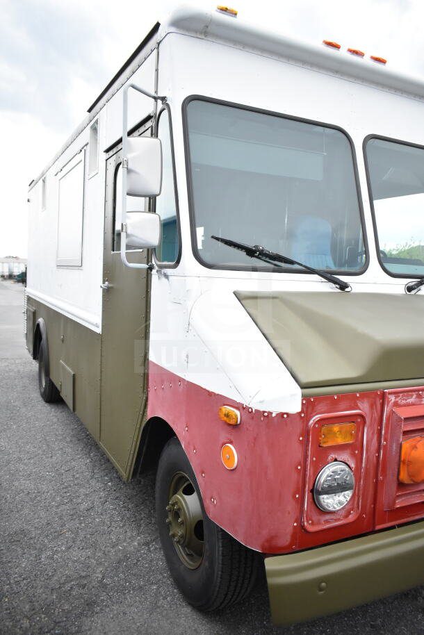 1993 GMC Step Van, red and white exterior with olive accents, visible VIN 1GDHP32K7R3500033, large side mirrors, and orange marker lights.
