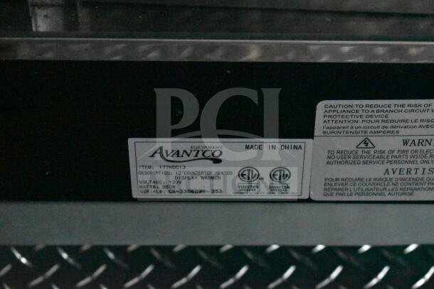 Label on Avantco display warmer, item 177HDC13, 13" countertop, 120V, 850W, made in China, serial CK-230609R-353.