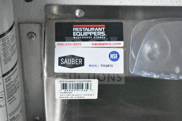 Stainless steel commercial sink with Sauber Model PA3410 label, NSF certified, from Restaurant Equippers.