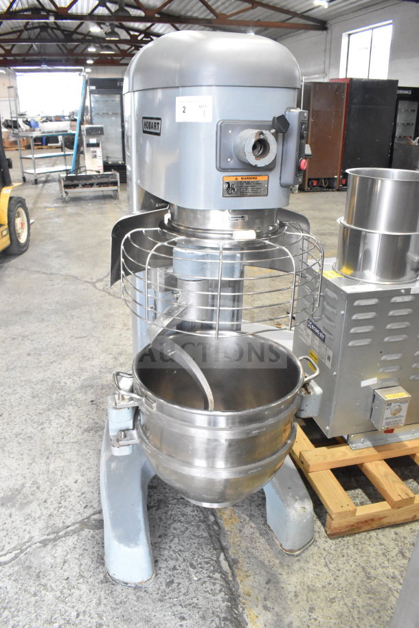 Hobart Legacy HL600 commercial 60-quart planetary dough mixer with mixing bowl, dough hook, and 200-240V power, used condition.