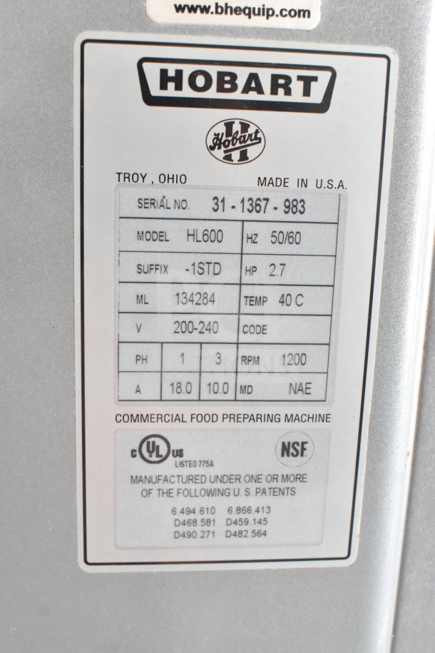 Hobart Legacy HL600 Commercial 60 Quart Mixer, 200-240V, 1/3 Phase, with bowl and dough hook, model label shown.