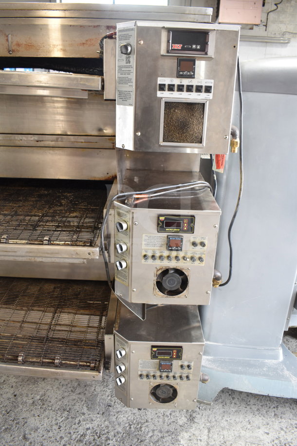 3 XLT XLT3240-TS natural gas conveyor pizza ovens on casters. Features digital controls, stainless steel finish, 100,000 BTU.