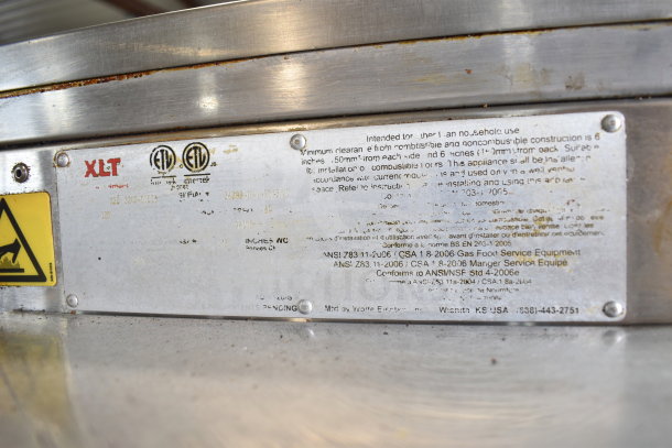 XLT XLT3240-TS pizza oven label showing model details, safety certifications, and maintenance information.