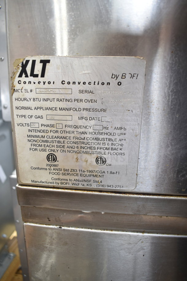 XLT XLT3240-TS conveyor pizza oven label, showing model, gas type, BTU input, and compliance details.