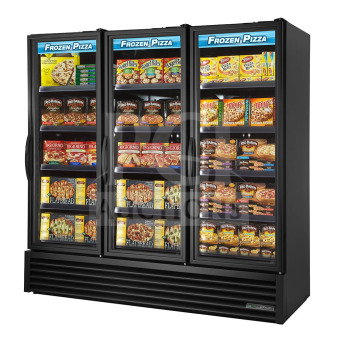 BRAND NEW 2025 True FLM-81F Commercial Freezer, 81" glass doors, slight scratches, displaying frozen pizza products.