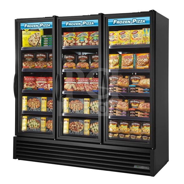 Brand new True FLM-81F commercial 81" glass door freezer with minor scratches and dents, model 2025, featuring full-length display merchandiser.