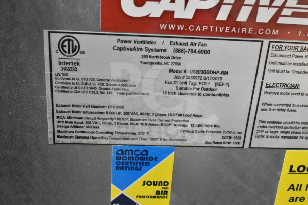 CaptiveAire USBI30BDHP-RM commercial power ventilator label detailing specifications, safety info, and certifications.