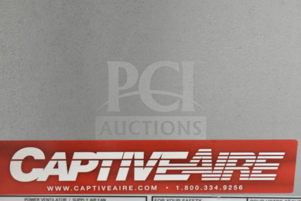 CaptiveAire A1-G10 commercial power ventilator label showing brand name and contact information.