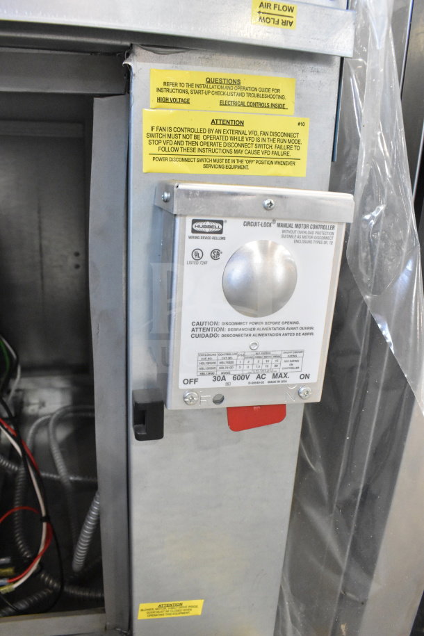 CaptiveAire A1-G10 Commercial Power Ventilator with manual motor controller, 30A, 600V AC, high voltage and operation warnings visible.