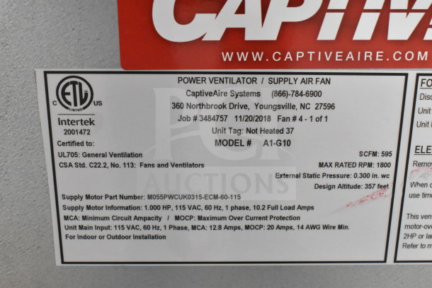 CaptiveAire A1-G10 commercial power ventilator label; model, specs, and certifications detailed on tag.