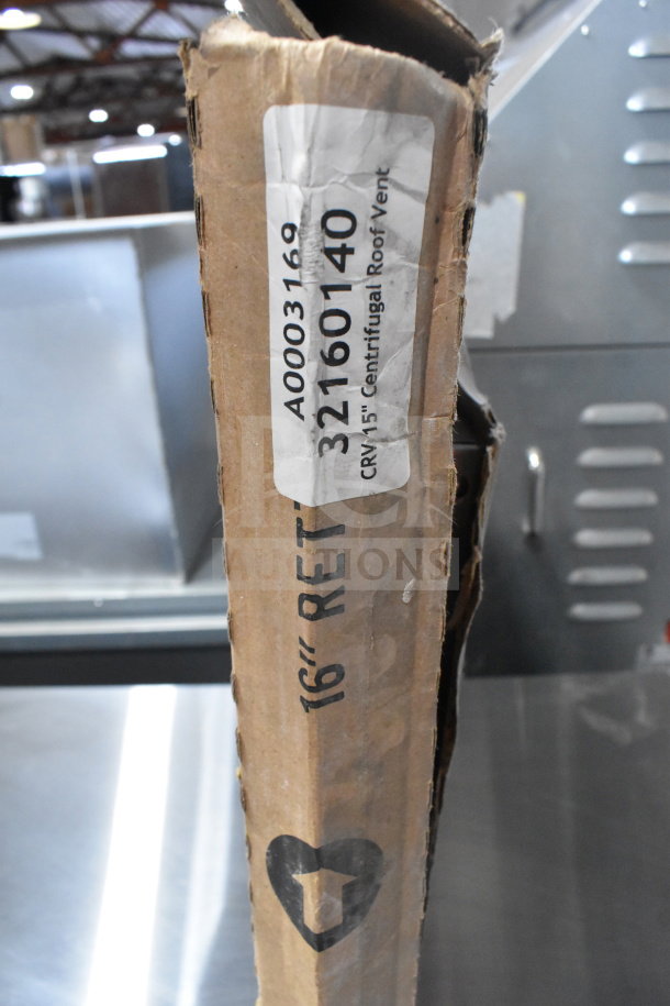 Cardboard box for CaptiveAire SIF11DD-SS Power Ventilator. Label reads "CRV 15" Centrifugal Roof Vent.”