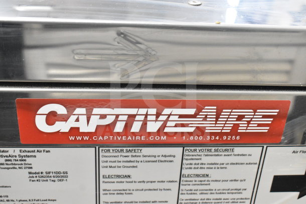 CaptiveAire SIF11DD-SS power ventilator, exhaust air fan, 115V, 1 phase, model label, safety instructions visible.