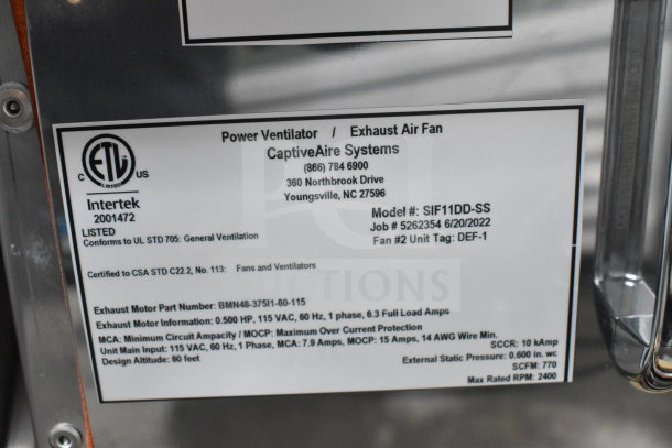 CaptiveAire SIF11DD-SS power ventilator label, 115V, 1 phase. Listed by Intertek, conforms to UL 705.