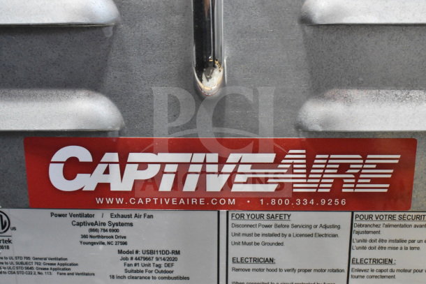 CaptiveAire USBI11DD-RM Power Ventilator, 277V, 1 Phase. Silver unit with red label showing brand and model details.