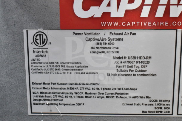 CaptiveAire USBI11DD-RM Power Ventilator, 277V, 1 Phase. Includes safety and certification labels. Model and specs clearly visible.