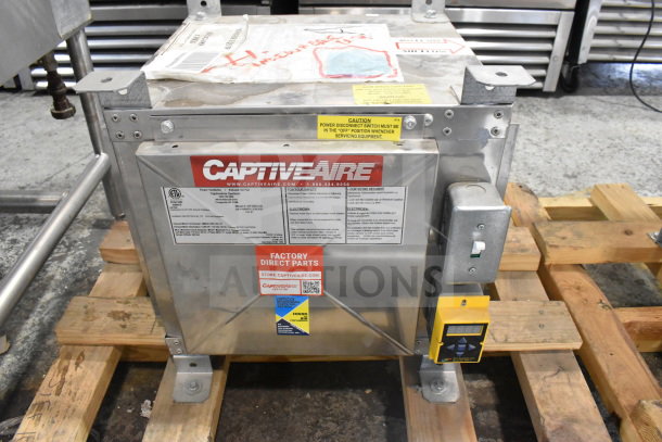 CaptiveAire SIF10DD-SS Power Ventilator, stainless steel, 115V, 1 phase, labels indicating power settings, on wood pallet.