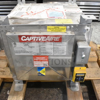 CaptiveAire SIF10DD-SS Power Ventilator, stainless steel, 115V, 1 phase, labels indicating power settings, on wood pallet.