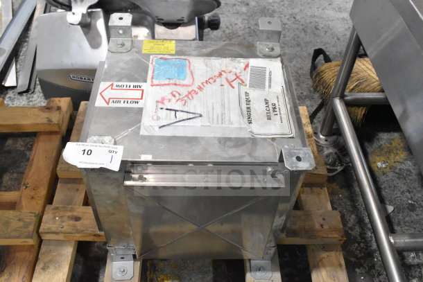 CaptiveAire SIF10DD-SS power ventilator, 115V, 1 phase. Stainless steel, labels indicating airflow and identification.