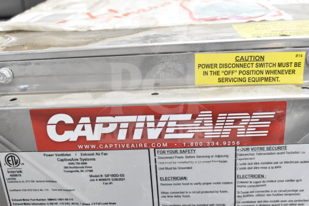 CaptiveAire SIF10DD-SS Power Ventilator, 115V, 1 Phase. Visible caution label on metal casing.